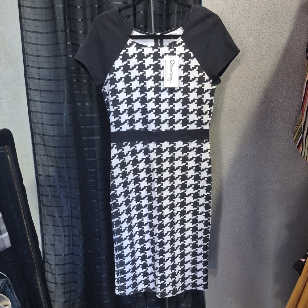 Olsenboye Black and White Houndstooth Midi Dress